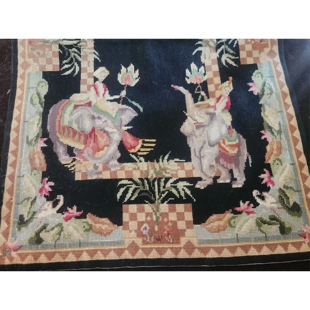 Vintage 2x3 French Handmade Aubusson Rug Black‎ Elephant